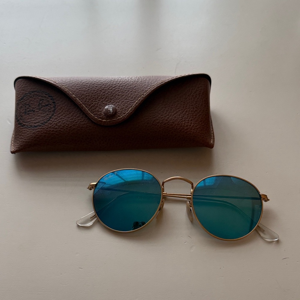 Ray-Ban Gold Frame Sunglasses with Blue-Green Lenses